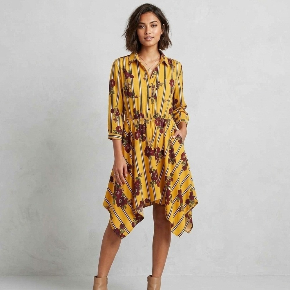 Live 4 Truth Floral Dress Womens L Yellow Button Front Handkerchief Hem Boho - Picture 1 of 11